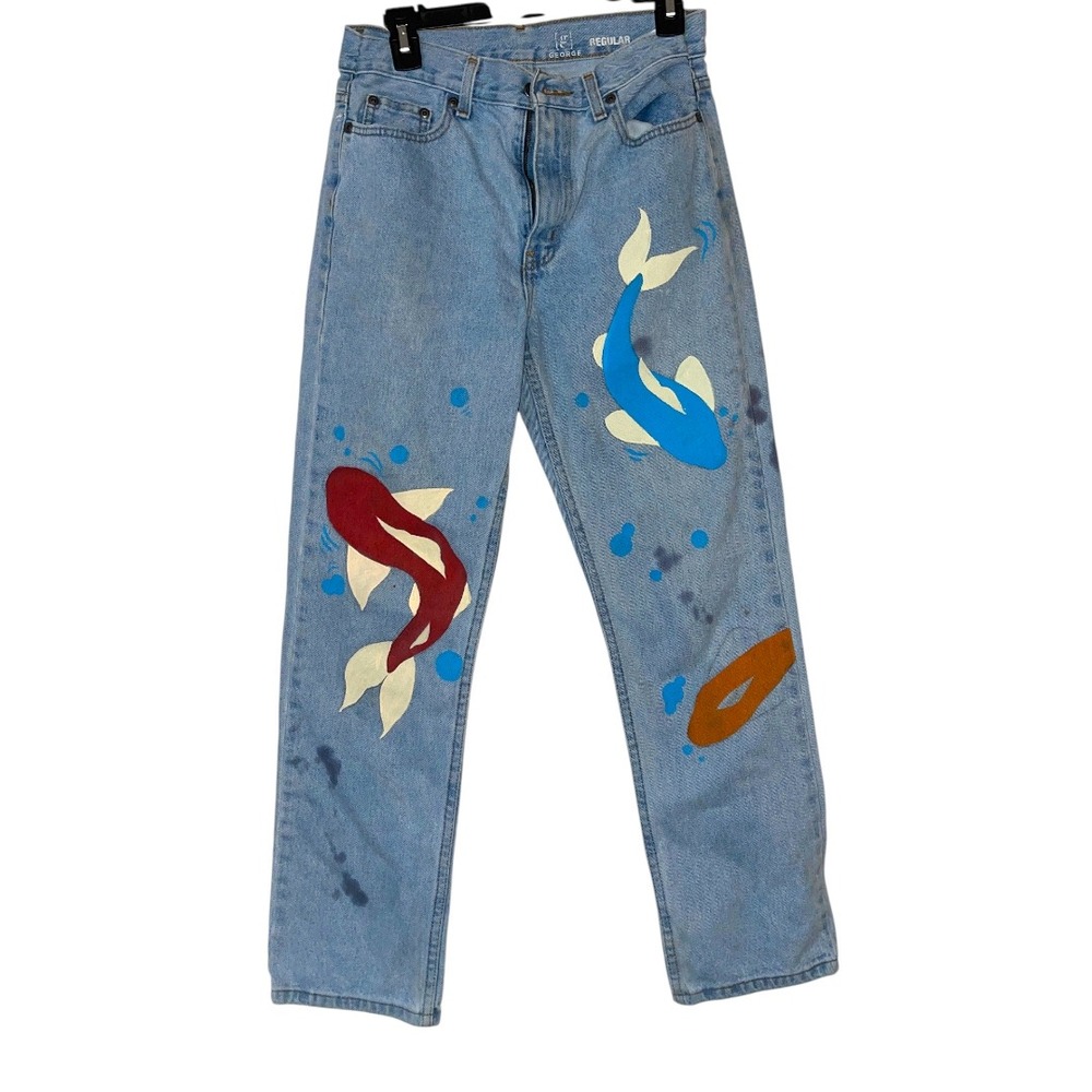 Hand Painted Straight Leg‎ Jeans with Painted Fish 29x30